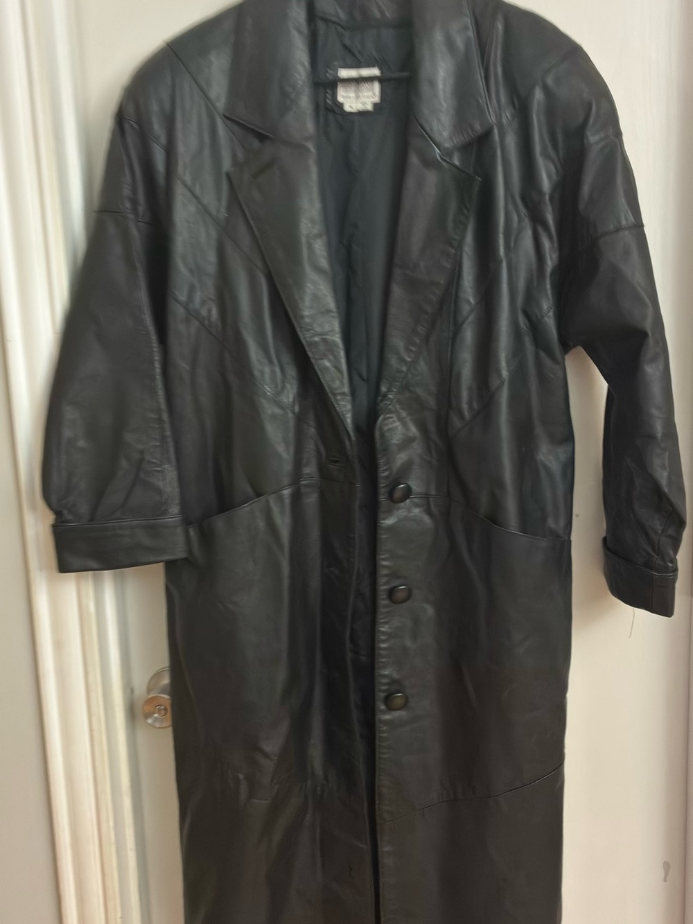 Women's Black Leather Long Coat - Classic Button Front